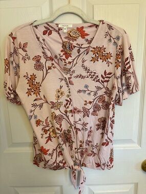 Maurices Pink Floral Button-Tie Short Sleeve Blouse